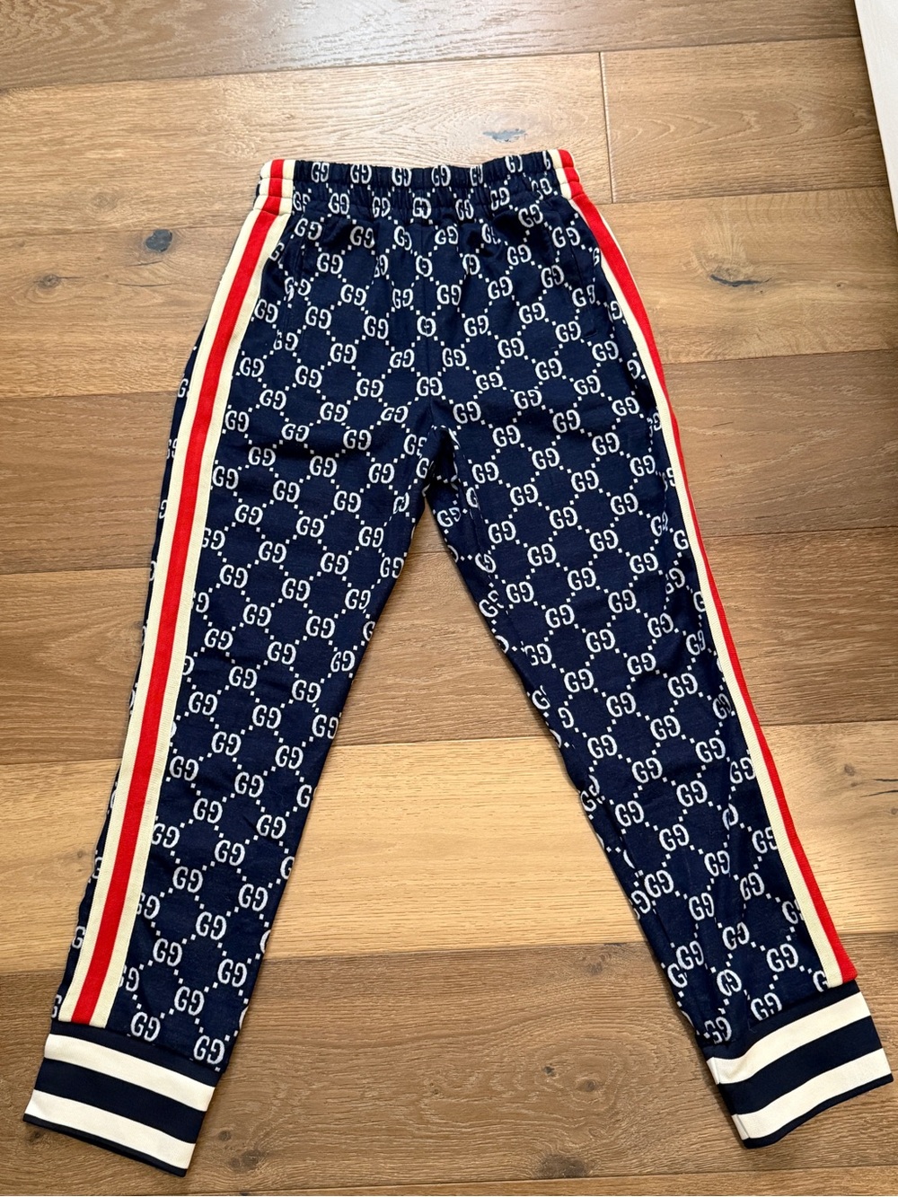 Gucci Navy Monogram GG Jacquard CottonPants with Red and White Stripe